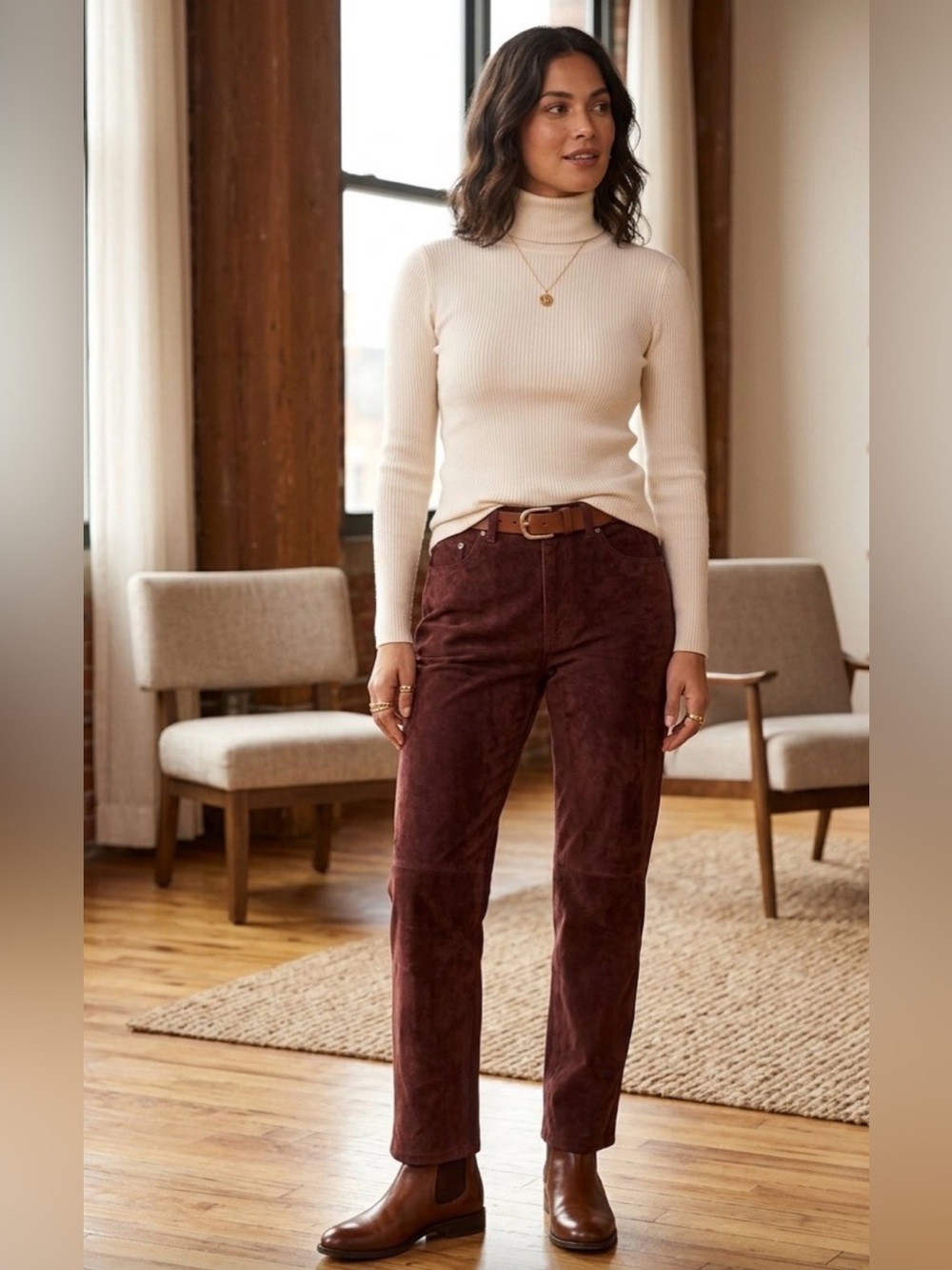 VTG 80s Marsh Landing Burgundy Suede Leather High Waisted Pants Womens 12